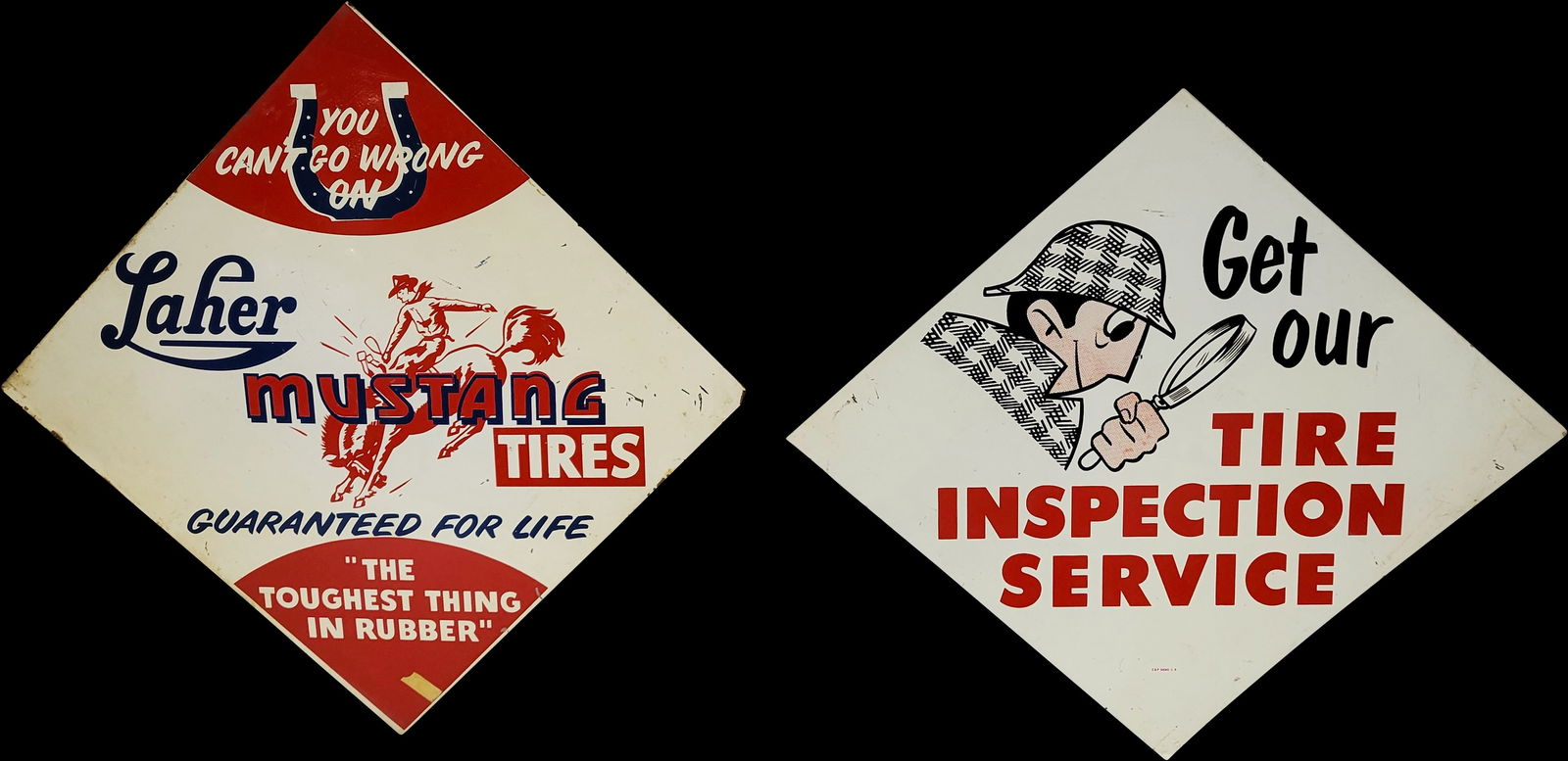 Laher Mustang Tires and Tire Inspection Service Double Sided Tin Signs (1 of 2)