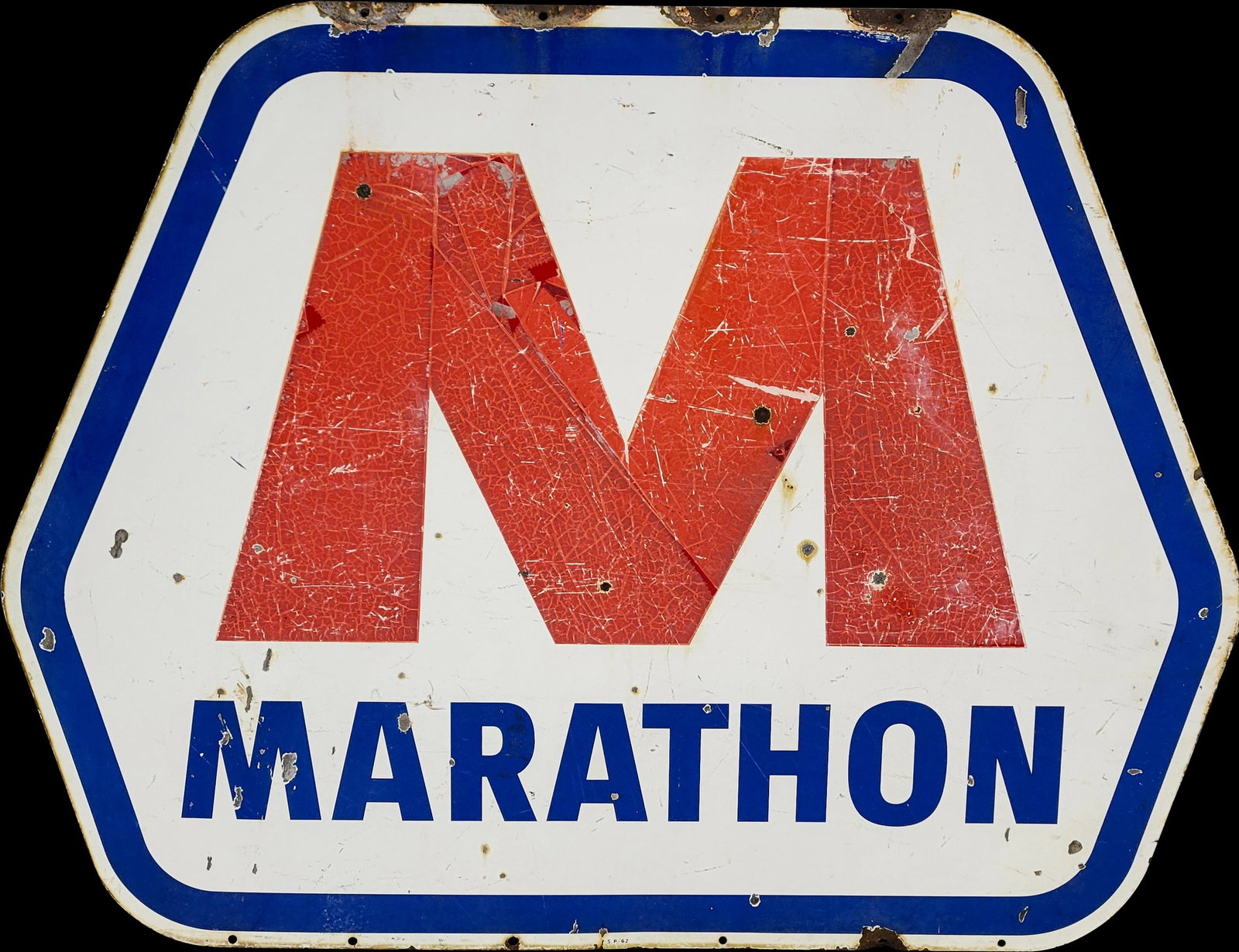 Marathon Double Sided Porcelain Sign: 60" x 47.75" DSP sign with both sides having porcelain chips, discoloration, and scratches. There is porcelain loss around the mounting holes on both sides with edge wear. >>>>>>>>> PLEASE NOTE, THERE