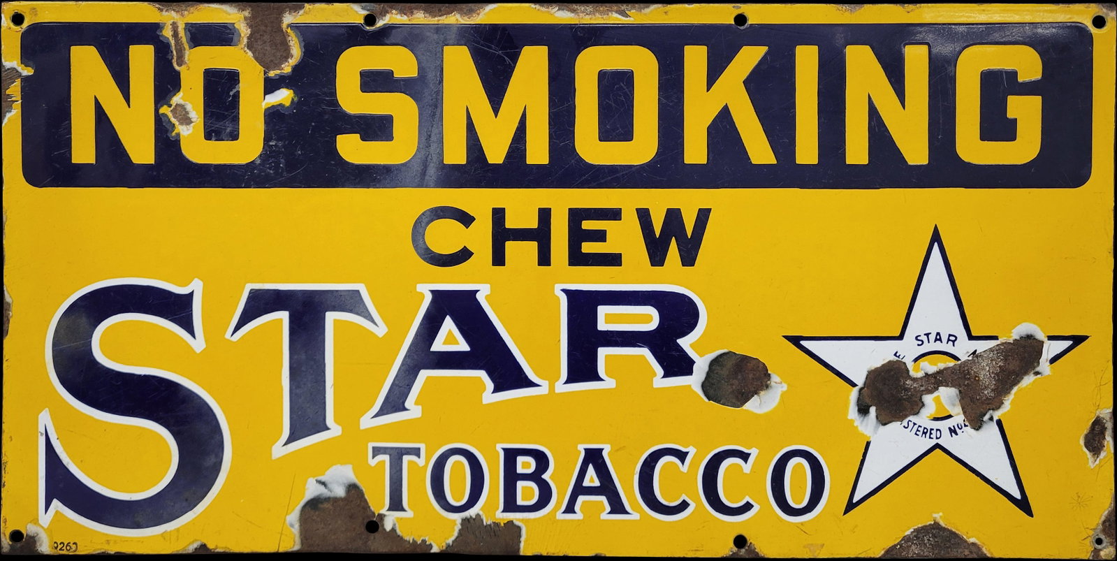 Scarce No Smoking Chew Star Tobacco Single Sided Porcelain Sign: 24" x 12" SSP sign with porcelain chips, scratches, and a shallow bend on lower mounting hole. Scarce version with "No Smoking" lettering. >>>>>>>>> PLEASE NOTE, THERE IS ONLY ONE WAY TO PAY FOR ONLIN