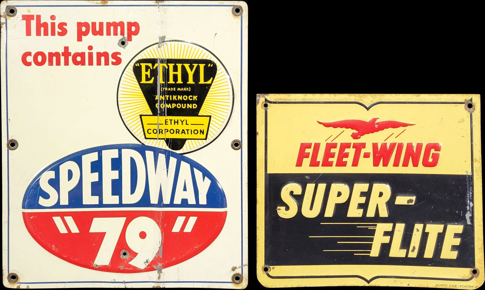 Fleet-Wing Super-Lite and Speedway 79 Gasoline Pump Plate Signs TAC (1 of 3)