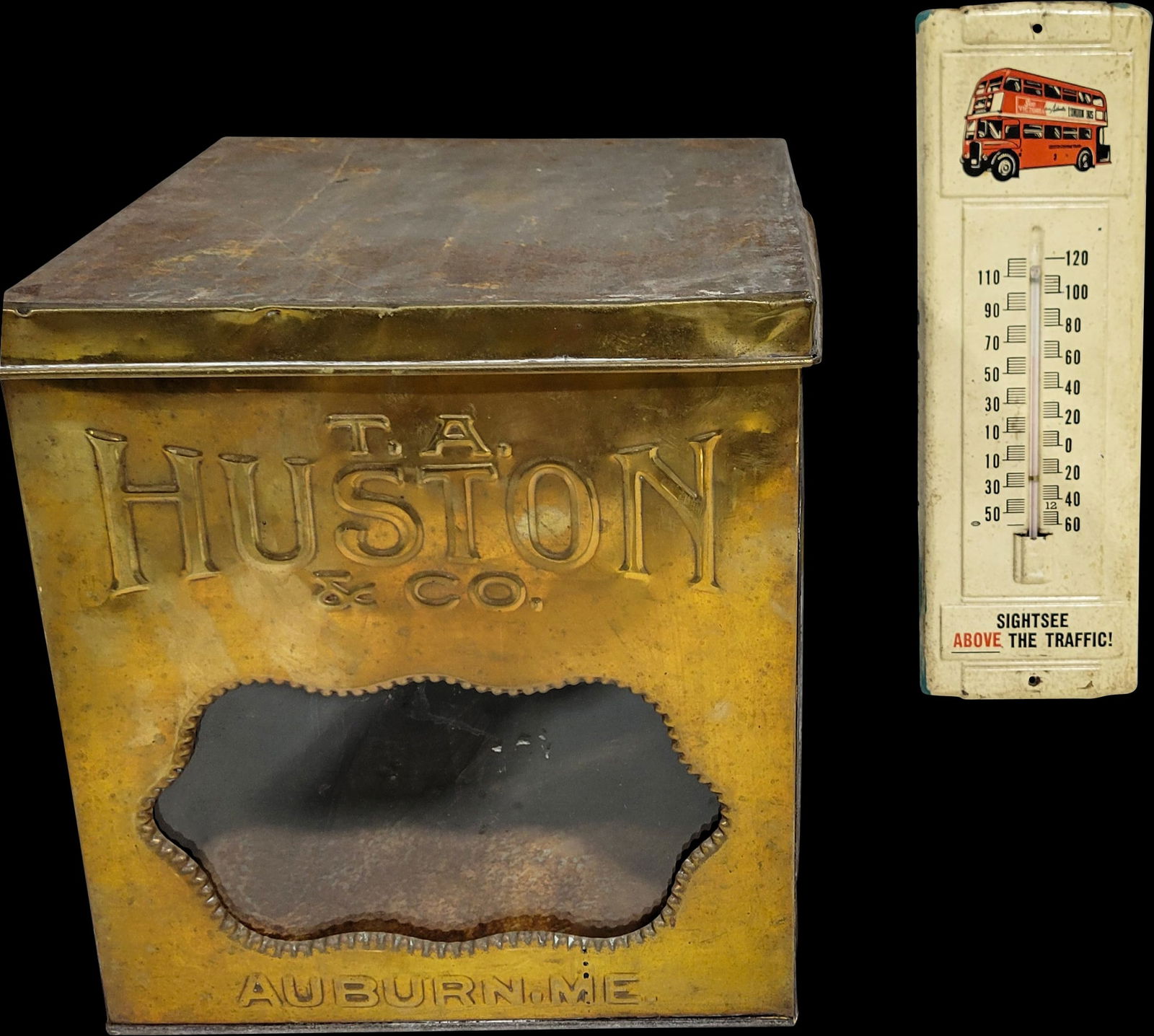 T.A Huston & Co. Biscuit Tin and London Tour Bus Metal Thermometer (1 of 3)
