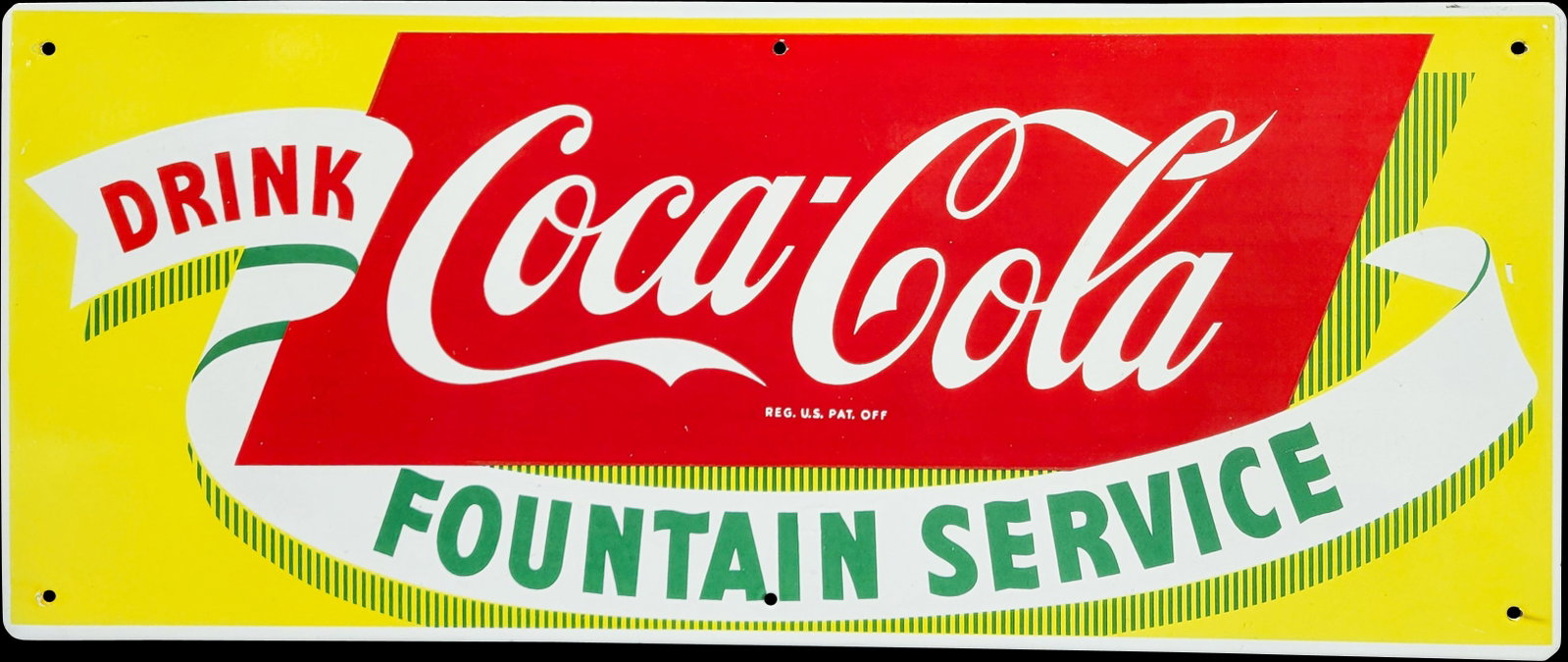 Drink Coca Cola Fountain Service Single Sided Porcelain Sign: 28" x 11.75" SSP sign in excellent condition with bright colors and high gloss. Age Unknown. >>>>>>>>> PLEASE NOTE, THERE IS ONLY ONE WAY TO PAY FOR ONLINE ITEMS IN THIS AUCTION WHICH IS THROUGH LIVE 