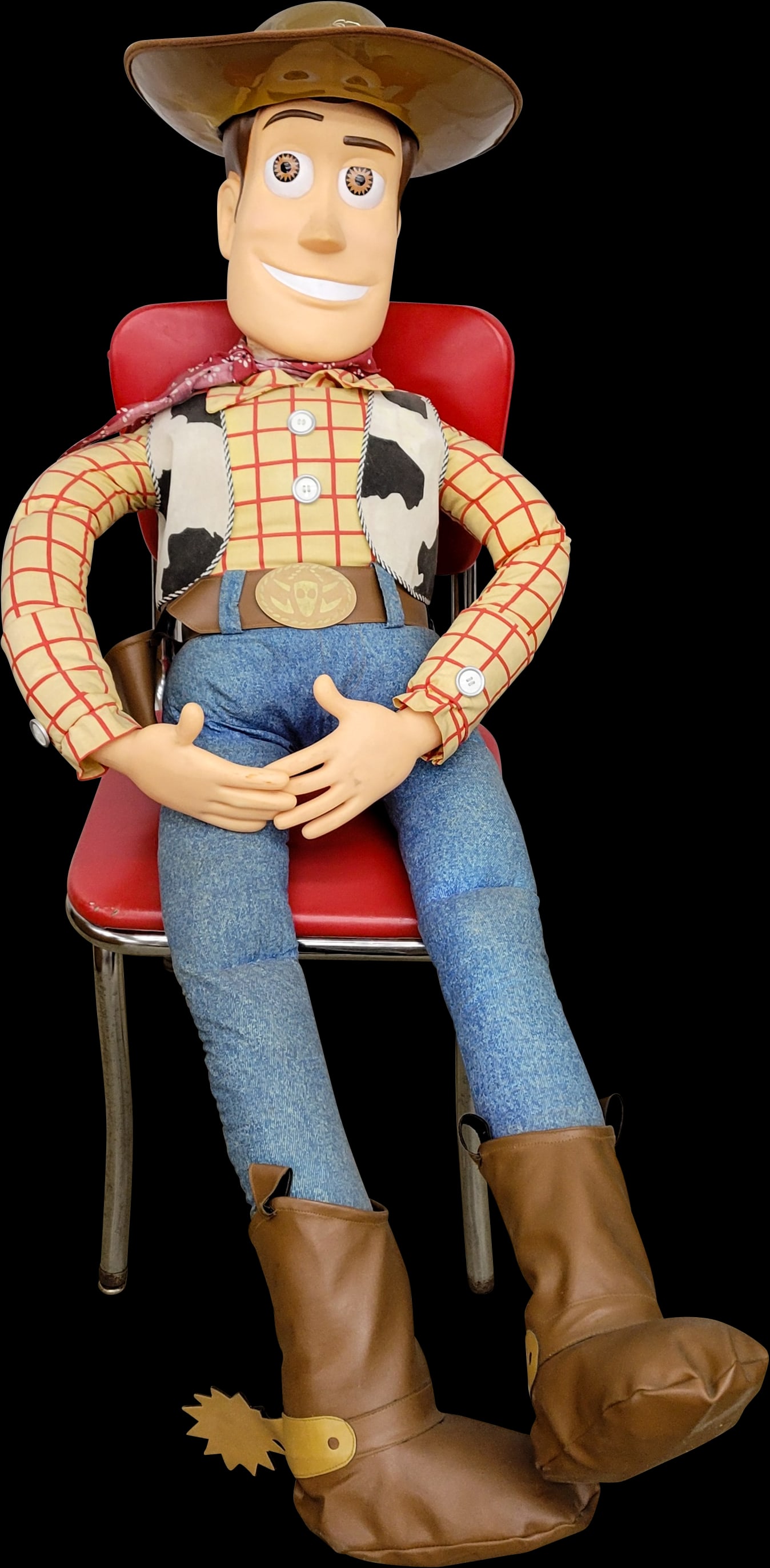 Disney Toy Story Woody Promotional Doll: 4ft tall Disney Promo doll with fabric clothing, vinyl boots and belt, rubber head and hands. His arms and vest have light stains. His hat is made of plastic and trimmed with fabric, it has several be