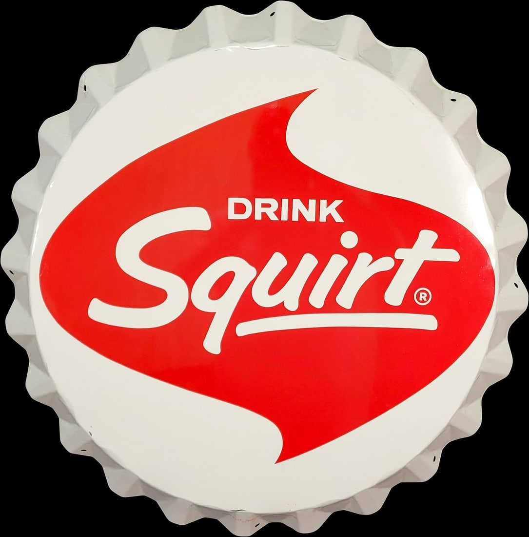 Drink Squirt Tin Bottle Cap Sign: 27" SST bottle cap sign with good color and shine. There are light surface scuffs and a few light scratches around the perimeter. Marked Copyright 1966. The Squirt Company. PLEASE NOTE, THERE IS ONLY