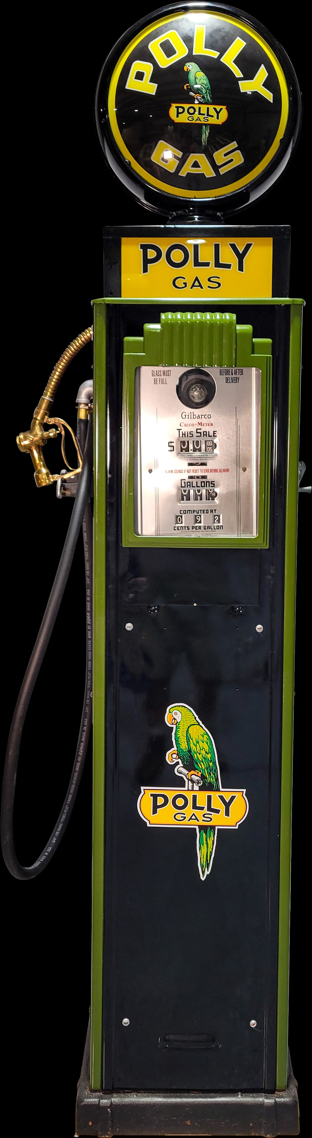 Gilbert & Barker Gilbarco Model 86 Restored Gas Pump Polly Gas: 94" T, Gilbarco Model 86 gas pump has been professionally restored. The pump exhibits vivid black and green colored paint with areas of light wear with a small scratch one door. A factory manufacturer