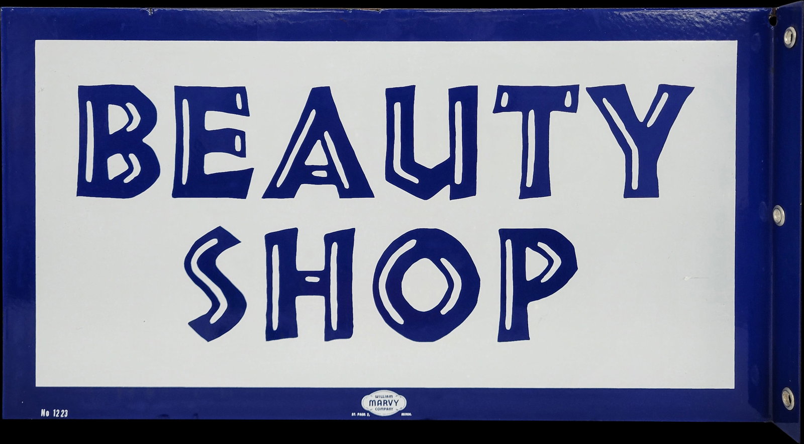 Beauty Shop Porcelain Flange Sign: 22.5" x 12" NOS (new old stock) DSP flange sign in excellent condition with bright color and high gloss. Marked William Marvy Company. PLEASE NOTE, THERE IS ONLY ONE WAY TO PAY FOR ONLINE ITEMS IN THI