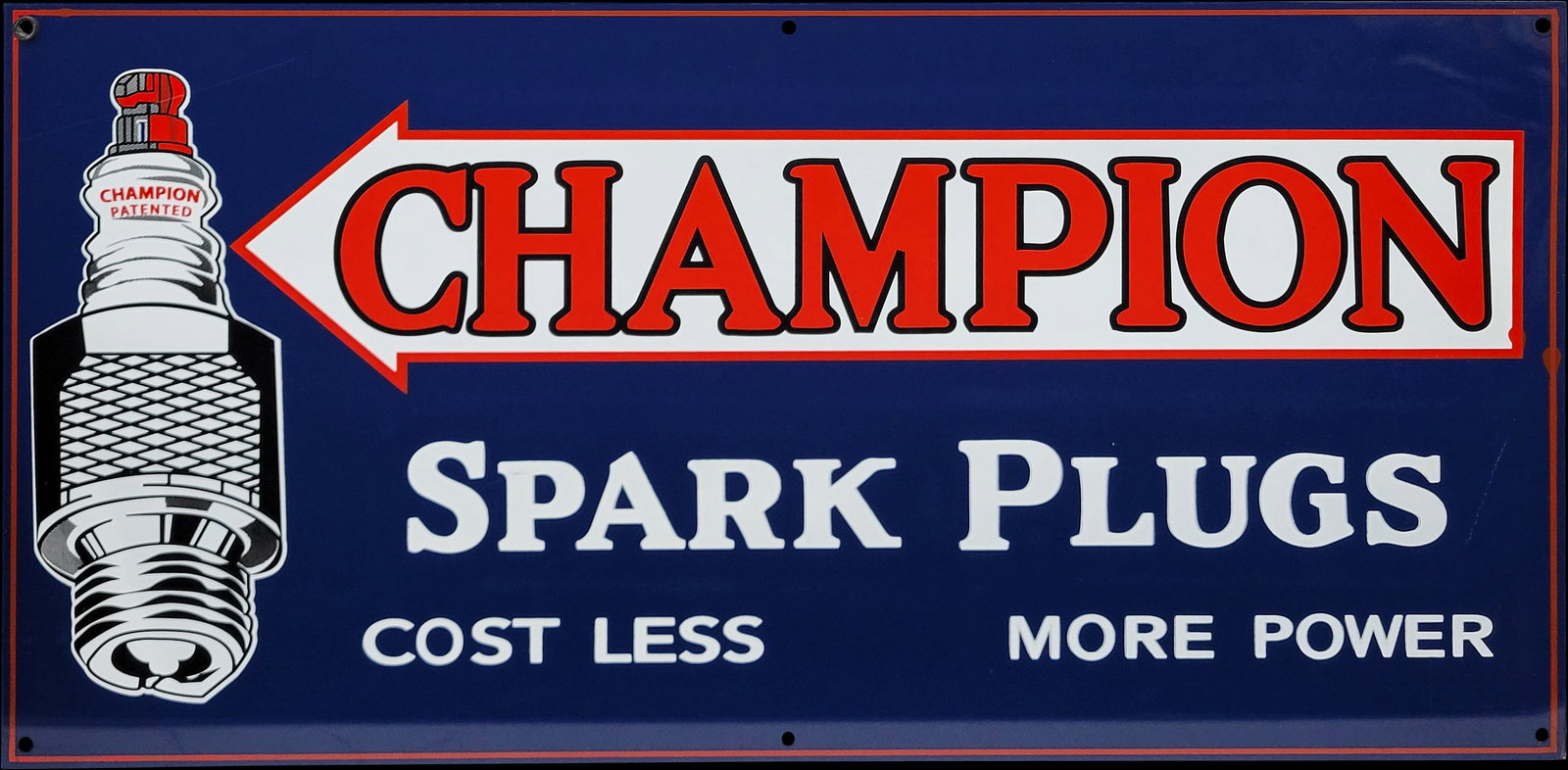 Champion Spark Plugs Single Sided Metal Sign Contemporary: 31" x 15" contemporary single sided metal sign in excellent condition with bright colors and high gloss. There are a couple of very minor surface scratches. This is a contemporary sign. PLEASE NOTE, T
