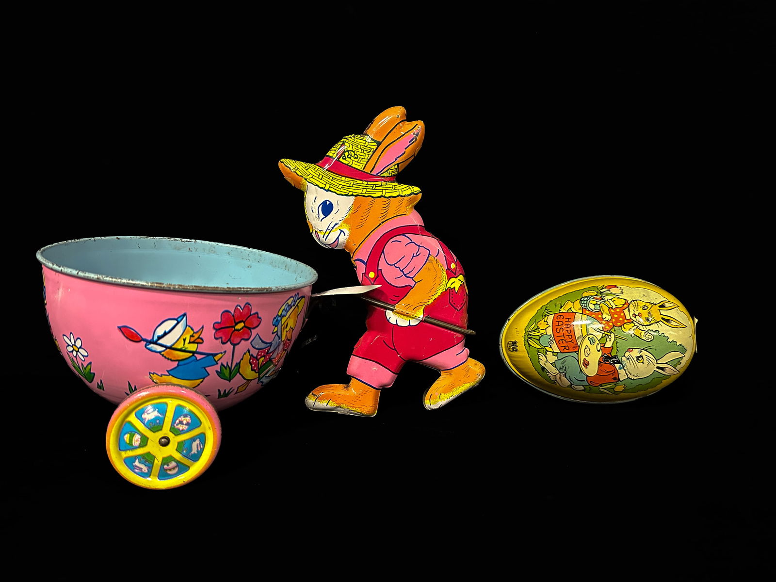 J Chein tin easter egg bunny tin litho toy with cart (1 of 2)