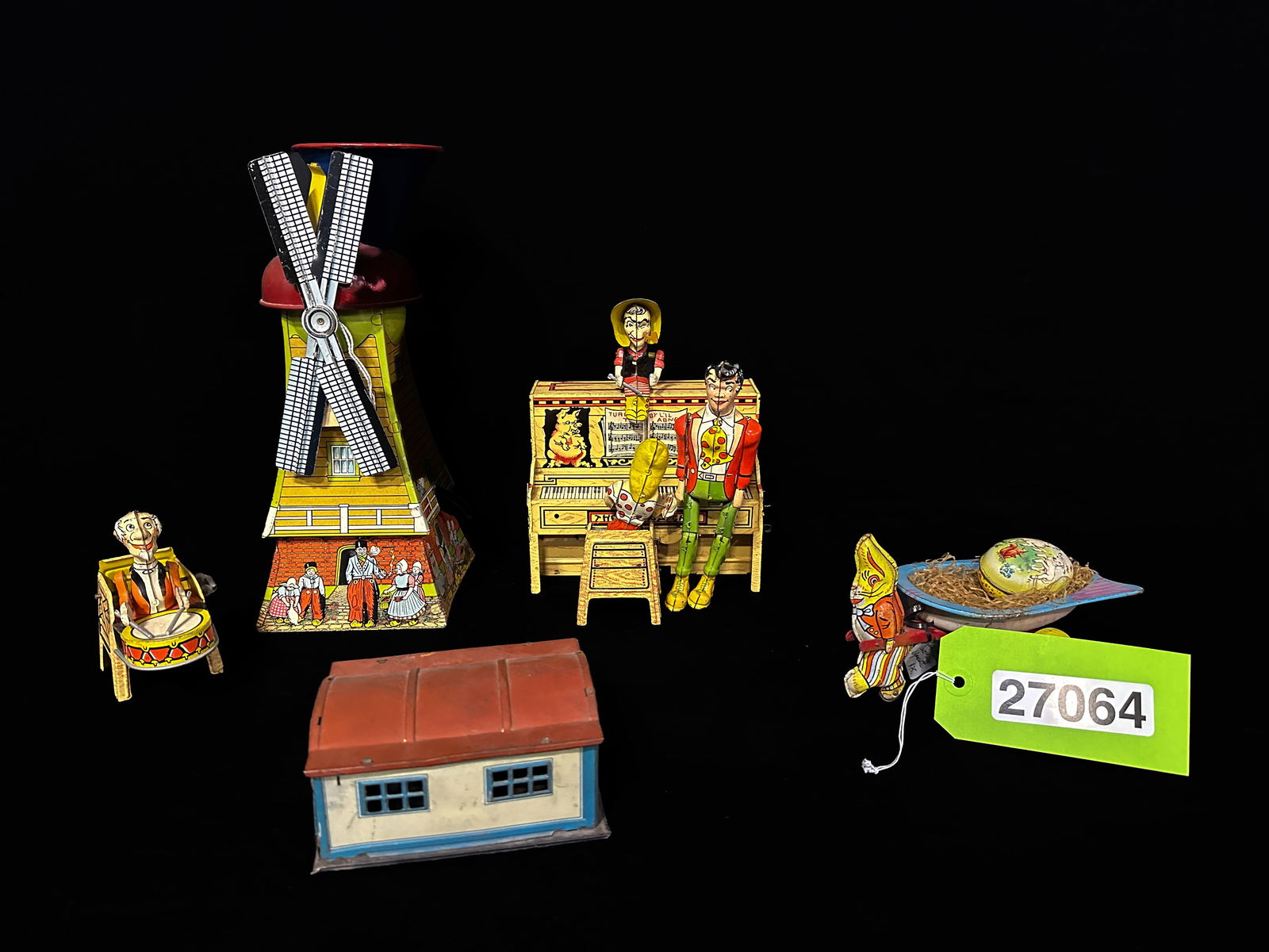 Mac dutch toy windmill Unique Art wind up tin litho band Wyandotte easter egg cart (1 of 2)