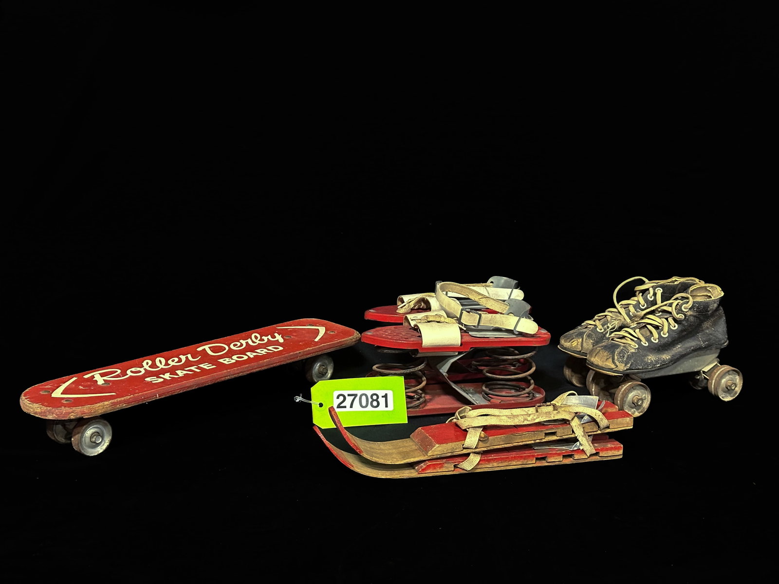 Anti gravity spring pogo shoes and old roller skates wooden skis Roller derby skateboard: Anit gravity spring shoes and an old pair of roller skates and pair of wooden ski?s and roller derby skateboard. PLEASE NOTE, THERE IS ONLY ONE WAY TO PAY FOR ONLINE ITEMS IN THIS AUCTION WHICH IS THR