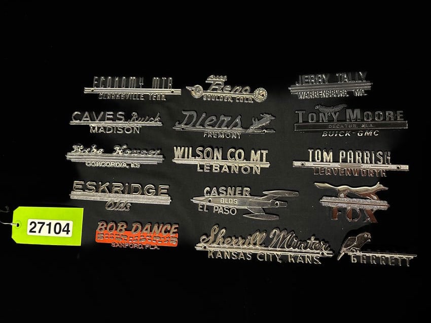 Buick GMC Olds Oldsmobile dealer marker plate emblems: Tony Moore Eskridge Babe Houser Casner Wilson Co Tom Parrish Caves Sherrill Minter Bill Reno Jerry Tally Garrett Bob Dance Fox Diers dealer name plates. PLEASE NOTE, THERE IS ONLY ONE WAY TO PAY FOR O