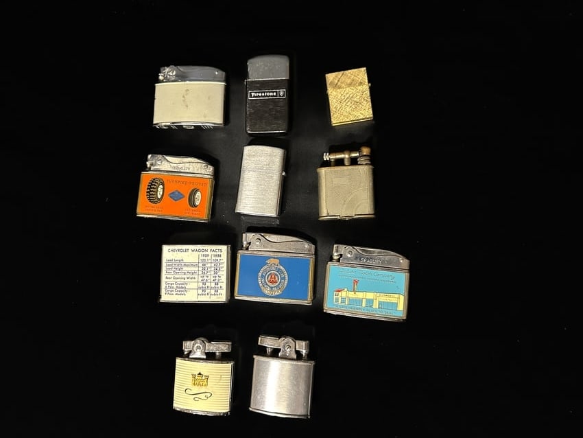 Goodyear Phillips 66 Chevrolet ABE Seabury Barlow lighter: Mixed group of lighters. PLEASE NOTE, THERE IS ONLY ONE WAY TO PAY FOR ONLINE ITEMS IN THIS AUCTION WHICH IS THROUGH LIVE AUCTIONEERS. THIS IS THE MOST SECURE METHOD OF PAYMENT. MAKE SURE YOUR LIVE AU