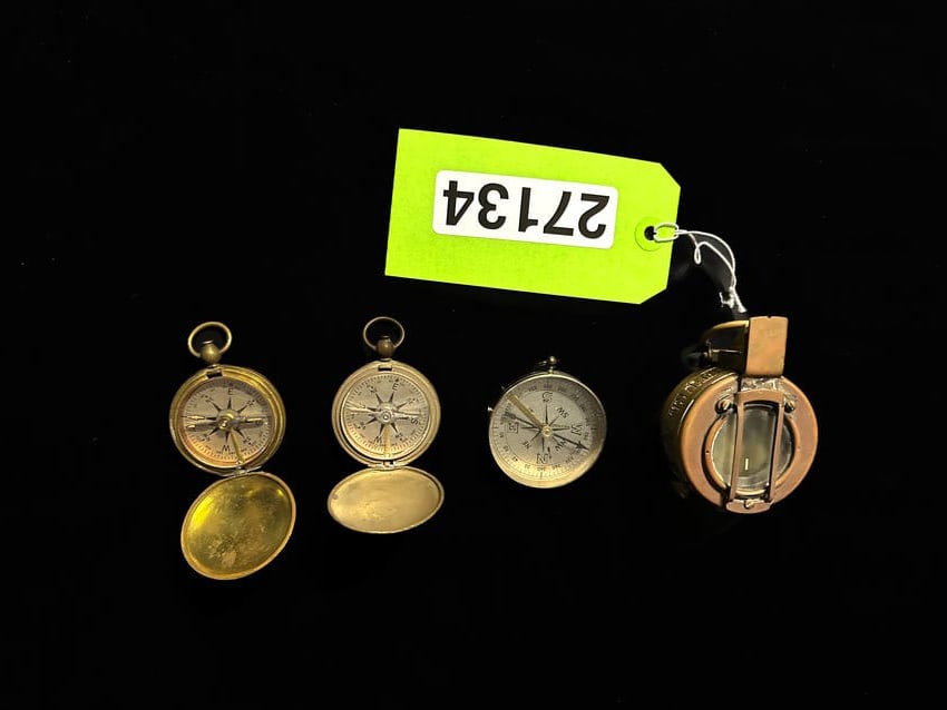 USCE TG Co LTD London 1940 MK III French compass: Group of 4 compasses. PLEASE NOTE, THERE IS ONLY ONE WAY TO PAY FOR ONLINE ITEMS IN THIS AUCTION WHICH IS THROUGH LIVE AUCTIONEERS. THIS IS THE MOST SECURE METHOD OF PAYMENT. MAKE SURE YOUR LIVE AUCTI