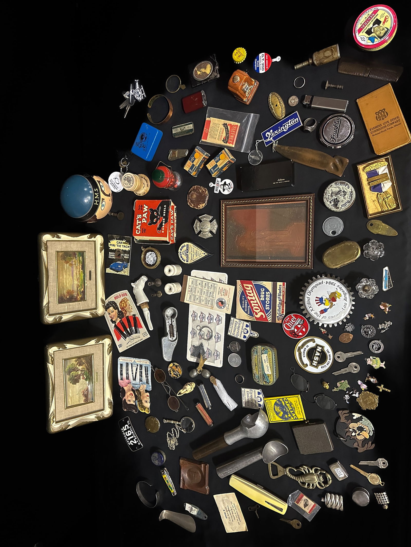 Misc lot of Glasses ash tray Ali polish comb lighter Cats paw Victrola Kleenex Brass Copper mirrors (1 of 2)