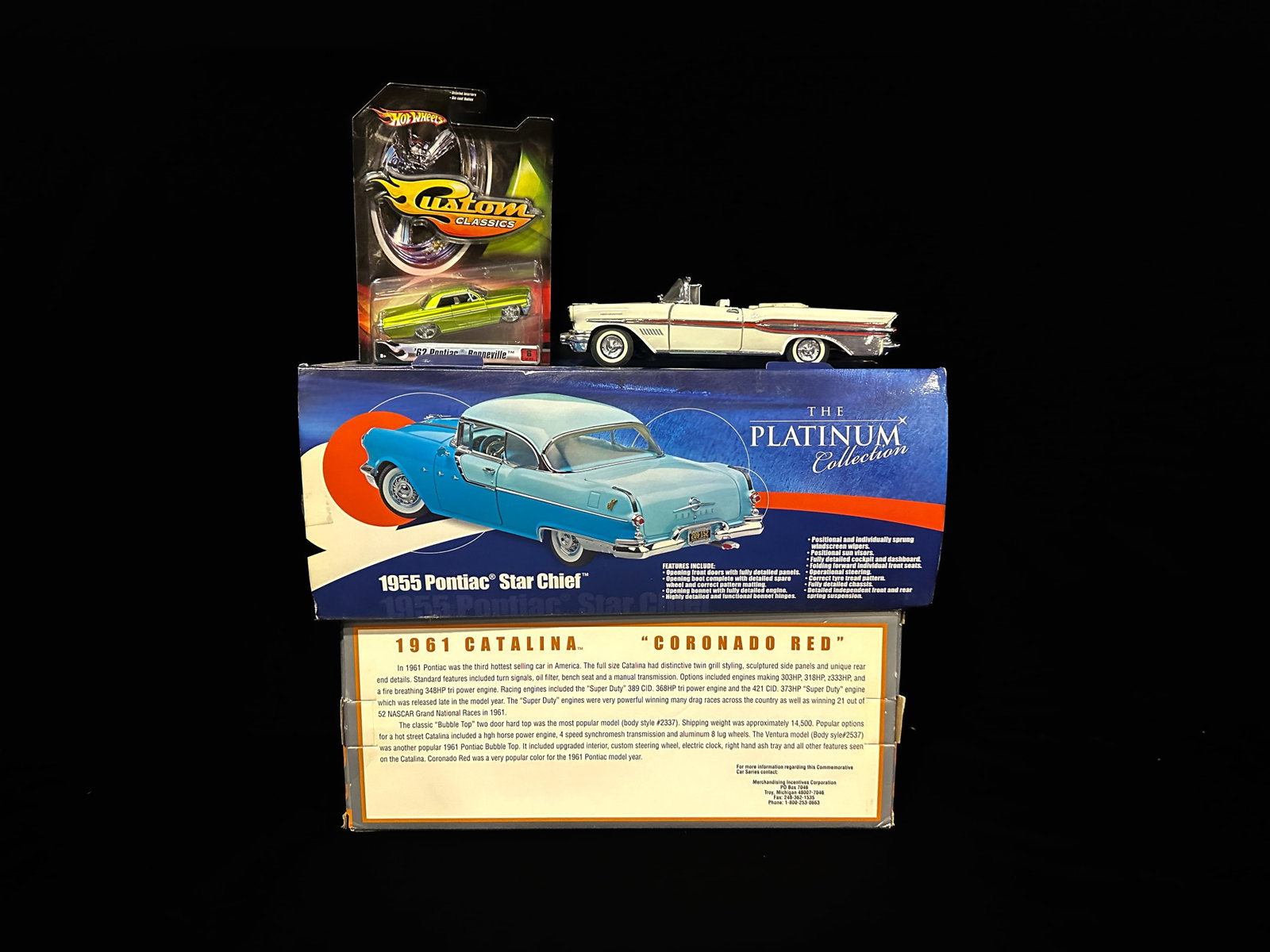 Pontiac 1961 Catalina 1957 Bonneville Hot Wheels 62 Pontiac 1955 star cruiser: Pontiac 1961 Catalina 1957 Bonneville Hot Wheels 62 Pontiac 1955 star cruiser. PLEASE NOTE, THERE IS ONLY ONE WAY TO PAY FOR ONLINE ITEMS IN THIS AUCTION WHICH IS THROUGH LIVE AUCTIONEERS. THIS IS THE