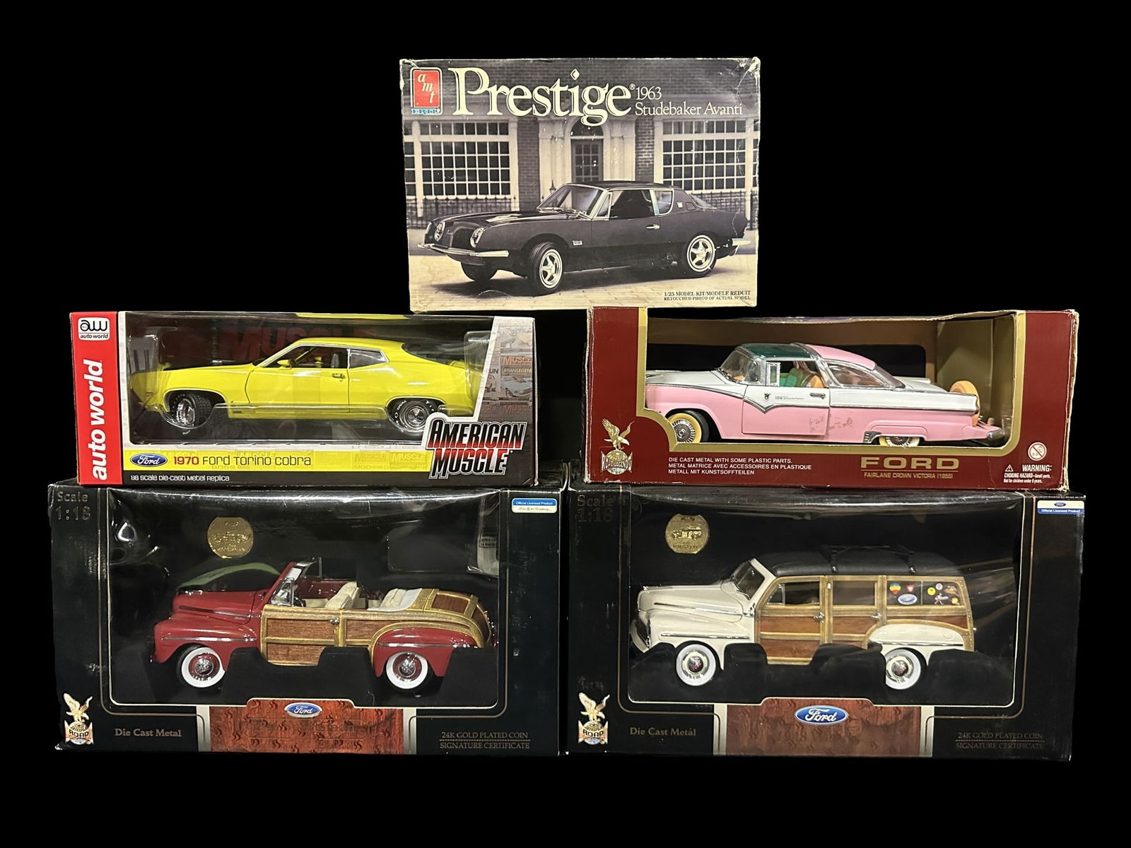 1946 Ford Sportsman 1970 Torino Cobra 1948 Woody 1955 Fairlane crown Victoria Die cast model (1 of 2)