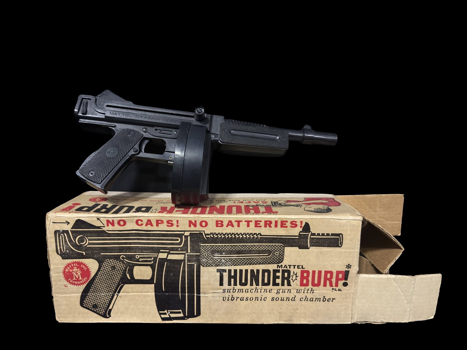 Mattel Thunder Burp toy gun with box: Pull back the handle and it fires like an automatic, in working condition with the box. Could not get it to do single fire, just fully automatic. PLEASE NOTE, THERE IS ONLY ONE WAY TO PAY FOR ONLINE I