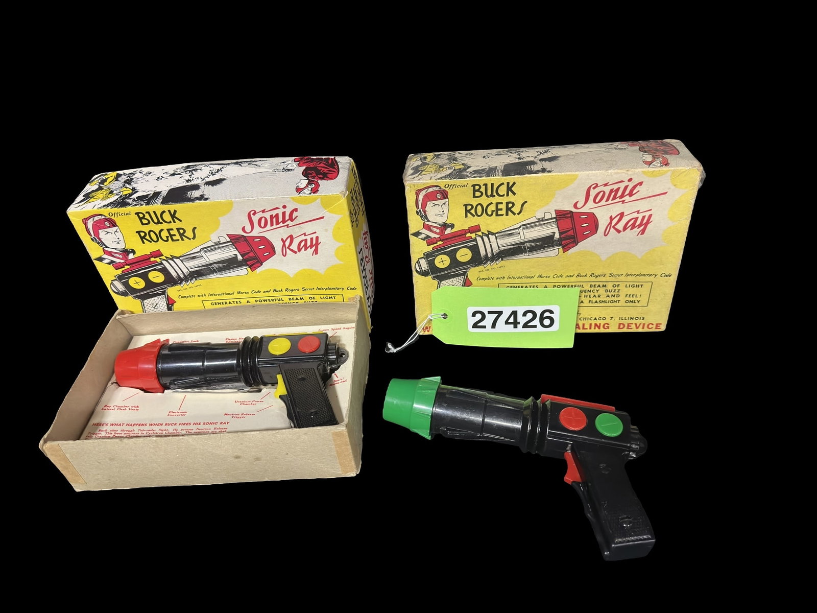 Official Buck Rogers Sonic Ray gun set with boxes: Green tip made noise when trigger was pulled when battery installed, light did not work. Other non operational when batteries were put in. PLEASE NOTE, THERE IS ONLY ONE WAY TO PAY FOR ONLINE ITEMS IN