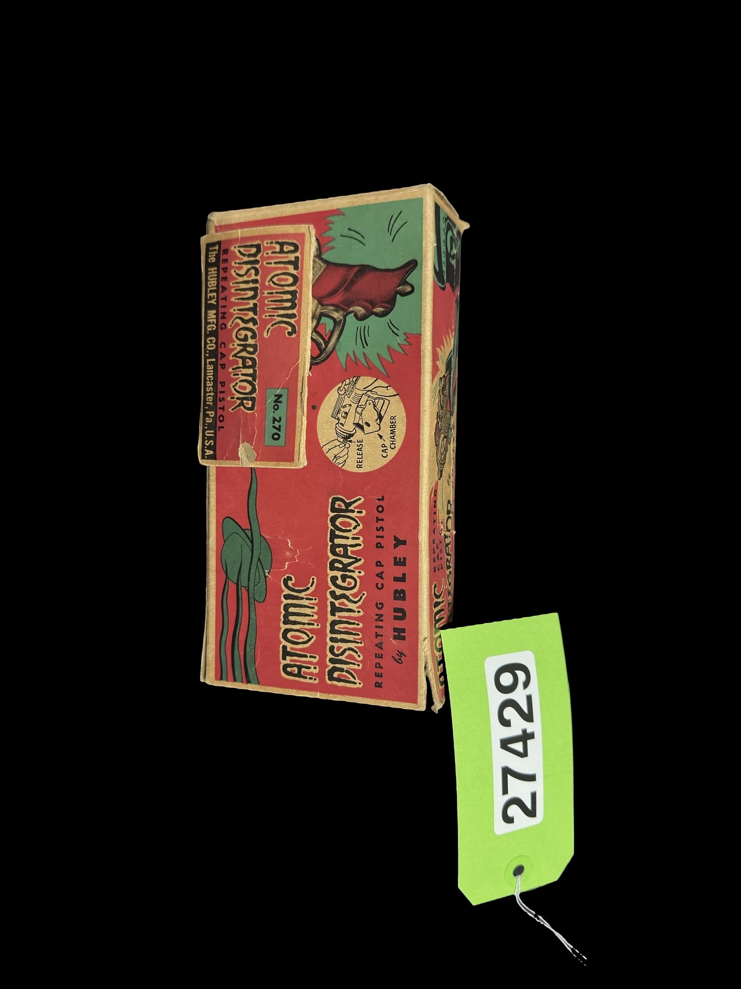 Hubley Atomic Disintegrator toy gun No 270 in the box: Trigger functions. In the box Hubley Atomic Disintegrator. PLEASE NOTE, THERE IS ONLY ONE WAY TO PAY FOR ONLINE ITEMS IN THIS AUCTION WHICH IS THROUGH LIVE AUCTIONEERS. THIS IS THE MOST SECURE METHOD 