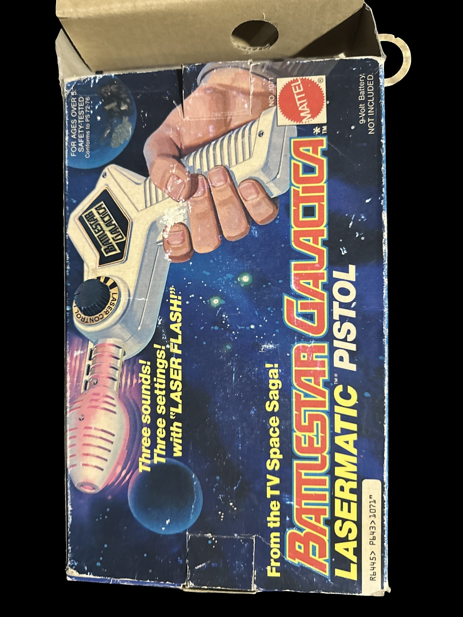 NIB Mattel BattleStar Galactica Lasermatic toy pistol gun: NIB (new in box) doesn't appears to have ever been used. PLEASE NOTE, THERE IS ONLY ONE WAY TO PAY FOR ONLINE ITEMS IN THIS AUCTION WHICH IS THROUGH LIVE AUCTIONEERS. THIS IS THE MOST SECURE METHOD OF