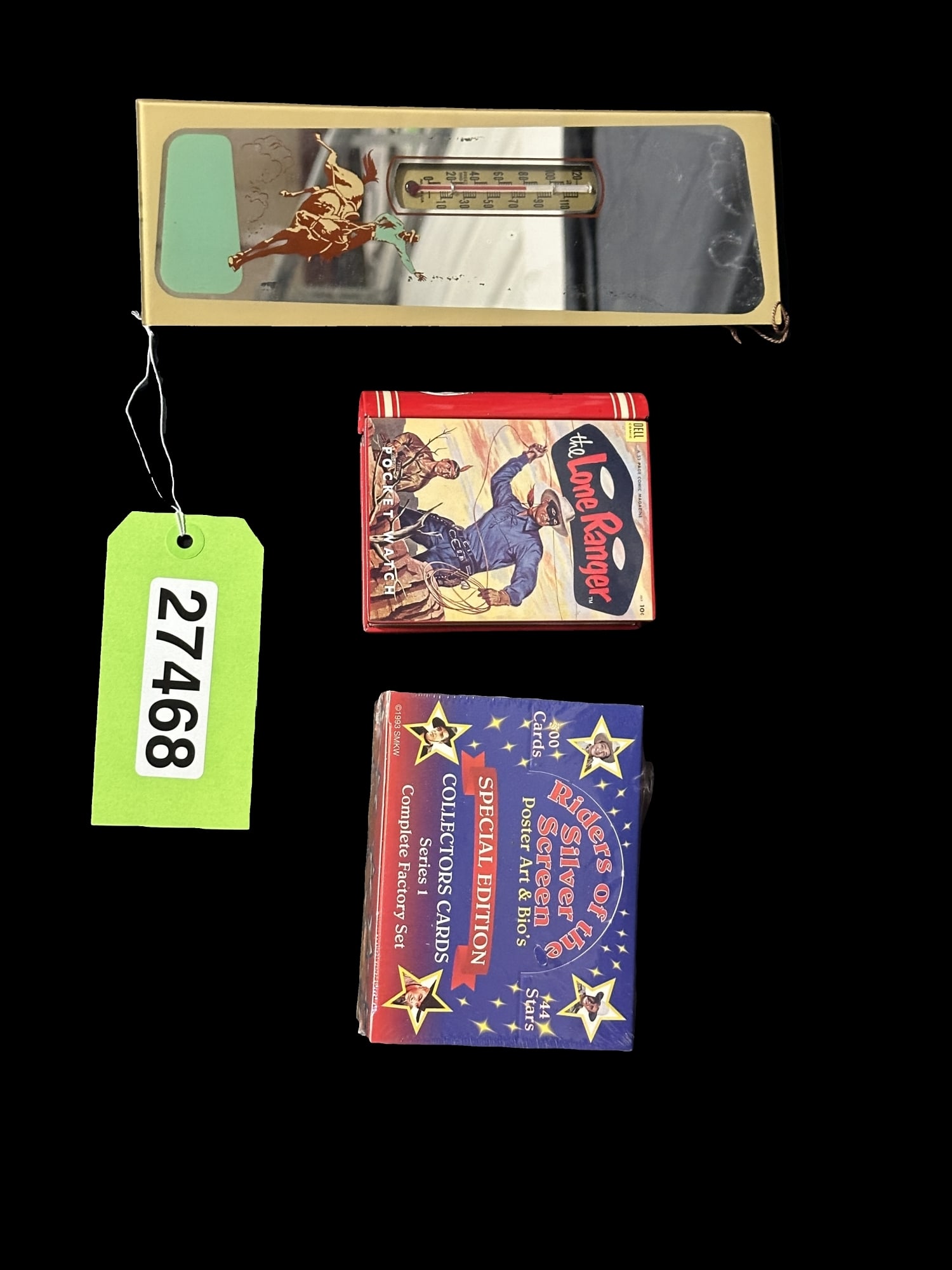 Mischief Panel Mirror 1955. Empty lone ranger watch case Riders of the silver screen sealed cards: Sealed box of Riders of the silver screen collectors cards series 1. Nov 1 1955 V7-310-3 Mischief panel mirror by Vernon company. Empty Lone Ranger pocket watch case. PLEASE NOTE, THERE IS ONLY ONE WA