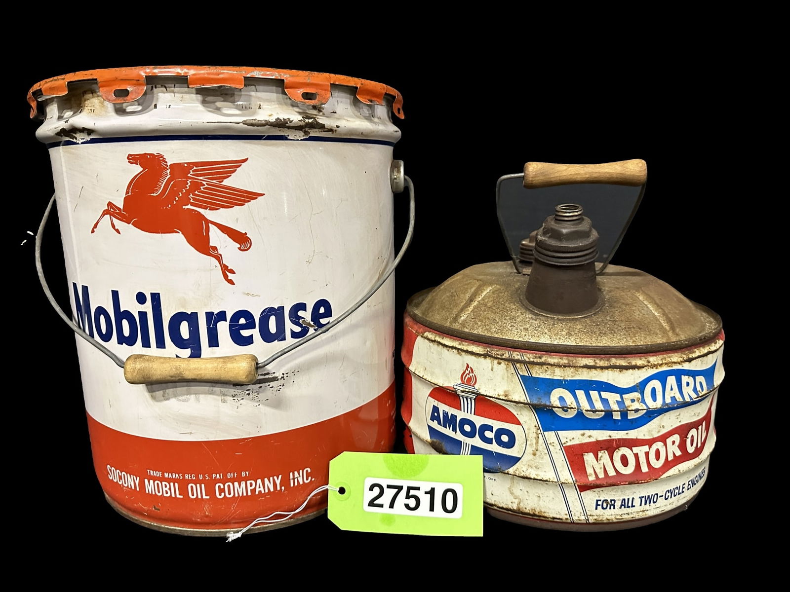 Mobil Grease 5 gallon oil can. Amoco Outboard motor oil can (1 of 2)