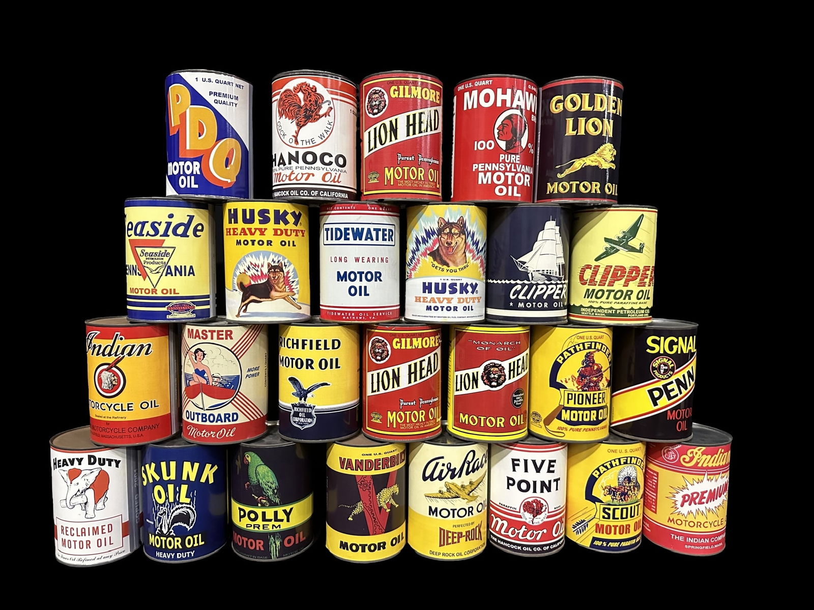 25+ Husky Skunk indian lion head Hancock Golden Lion Air Race deep rock quart oil cans (1 of 1)
