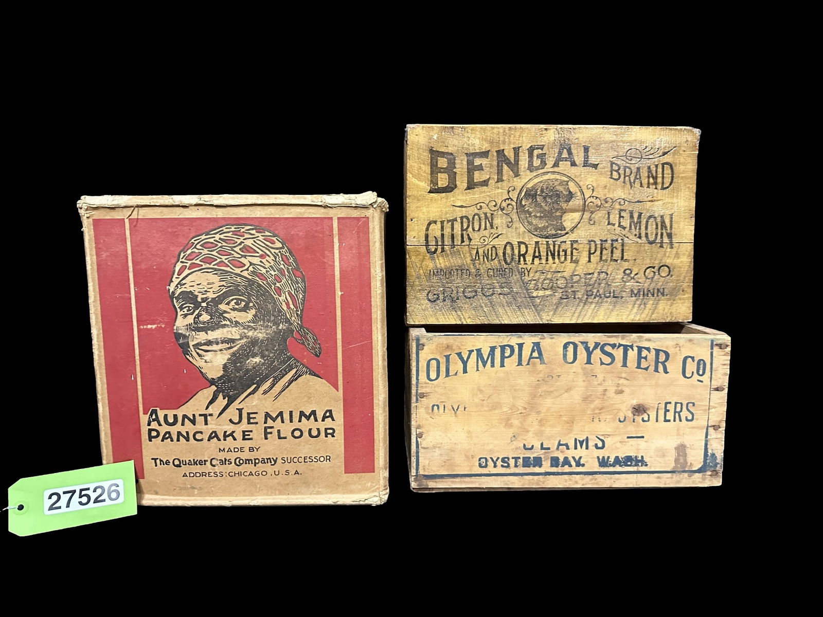 Aunt Jemima Pancake Flour empty box Olympia oyster wooden crate Bengal brand Citron Lemon box (1 of 2)