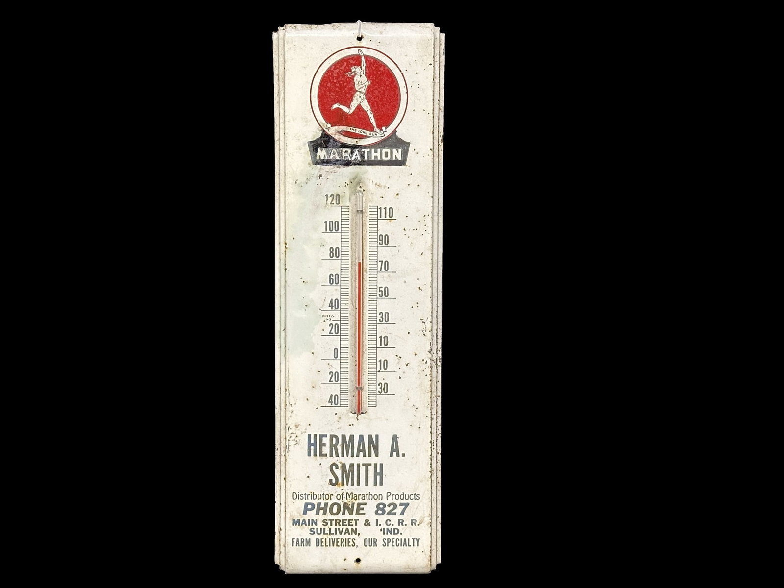 Marathon Thermometer from Herman A Smith Farm Deliveries: Wear and staining throughout. Has tube and does work. PLEASE NOTE, THERE IS ONLY ONE WAY TO PAY FOR ONLINE ITEMS IN THIS AUCTION WHICH IS THROUGH LIVE AUCTIONEERS. THIS IS THE MOST SECURE METHOD OF PA