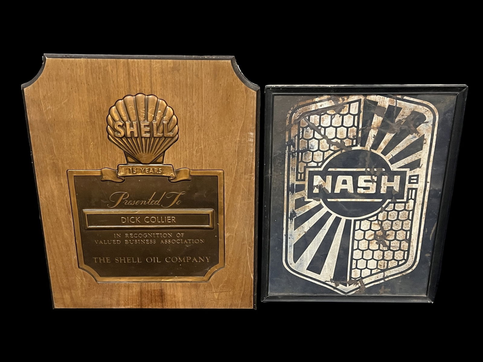 Nash painted metal sign in frame. Shell award in wooden frame (1 of 4)