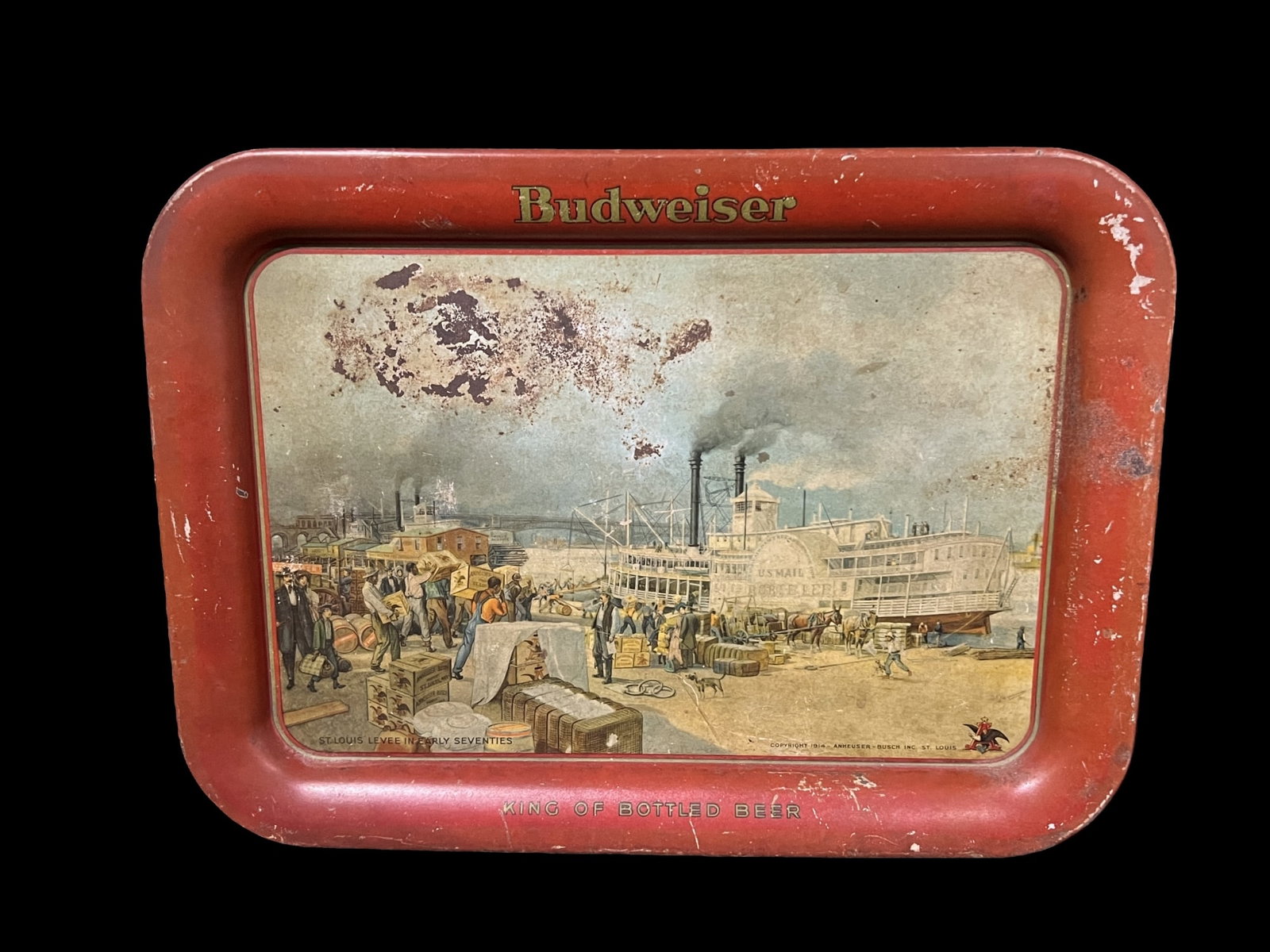 Budweiser beer metal serving tray: Heavily used condition with paint loss in multiple places. PLEASE NOTE, THERE IS ONLY ONE WAY TO PAY FOR ONLINE ITEMS IN THIS AUCTION WHICH IS THROUGH LIVE AUCTIONEERS. THIS IS THE MOST SECURE METHOD 