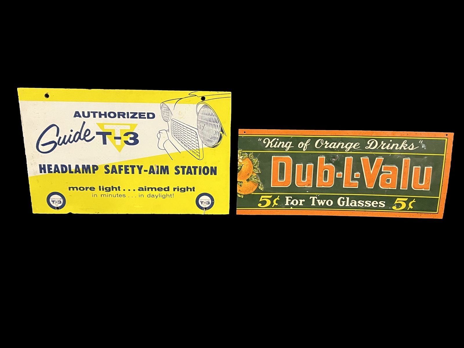Guide T-3 Headlamp safety aim station Masonite sign. Dub-L-Valu orange drink soda sign (1 of 2)