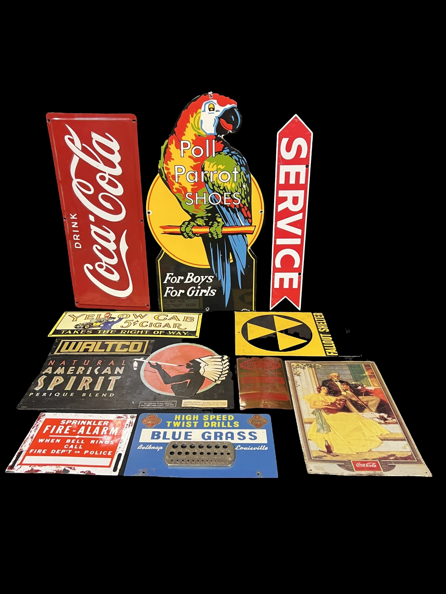 Reproduction Coca Cola service poll parrot Natural spirit tobacco blue grass Yellow cab cigar sign (1 of 4)