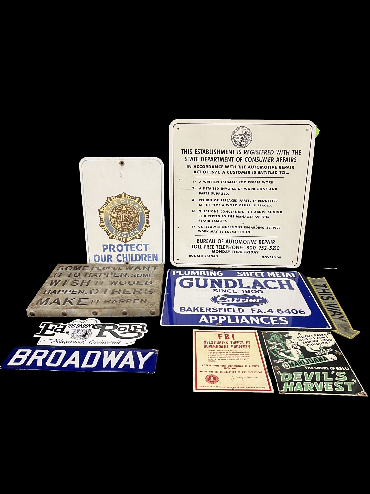 Reproduction American Legion California broadway Gundlach Plumbing FBI Marijuana Ed roth signs (1 of 5)