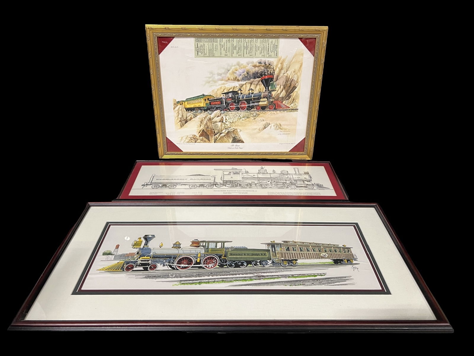 Huckleberry Railroad Hannibal & St Joseph Train Genoa Don Whitlatch 1970: 3 collectible train and railroad pieces, largest being 39x20?. Don Whitlatch Genoa copyright 1970. Signed Hannibal and Joseph Rail road and Huckleberry Railroad 4-6-0 Ten Wheeler #2. PLEASE NOTE, THER