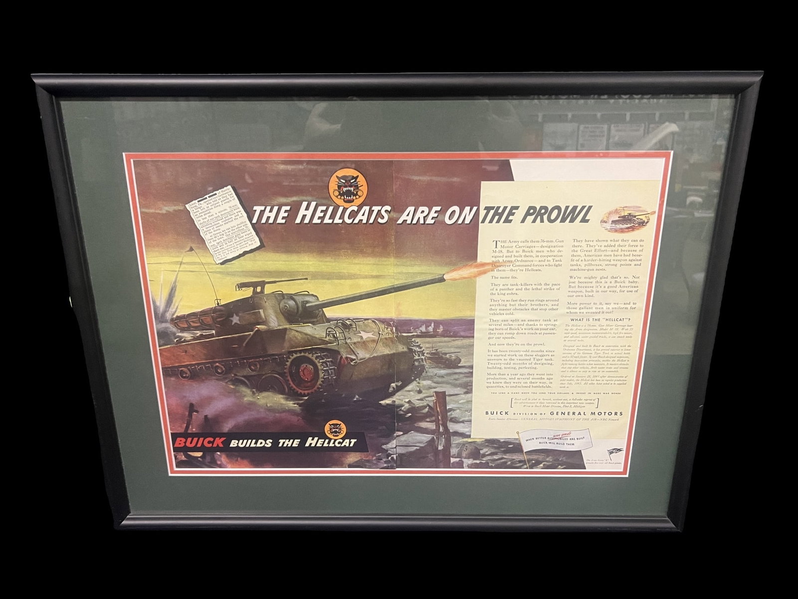 Buick builds the hellcat tank advertising poster: Framed Buick builds the hellcat advertising poster. PLEASE NOTE, THERE IS ONLY ONE WAY TO PAY FOR ONLINE ITEMS IN THIS AUCTION WHICH IS THROUGH LIVE AUCTIONEERS. THIS IS THE MOST SECURE METHOD OF PAYM