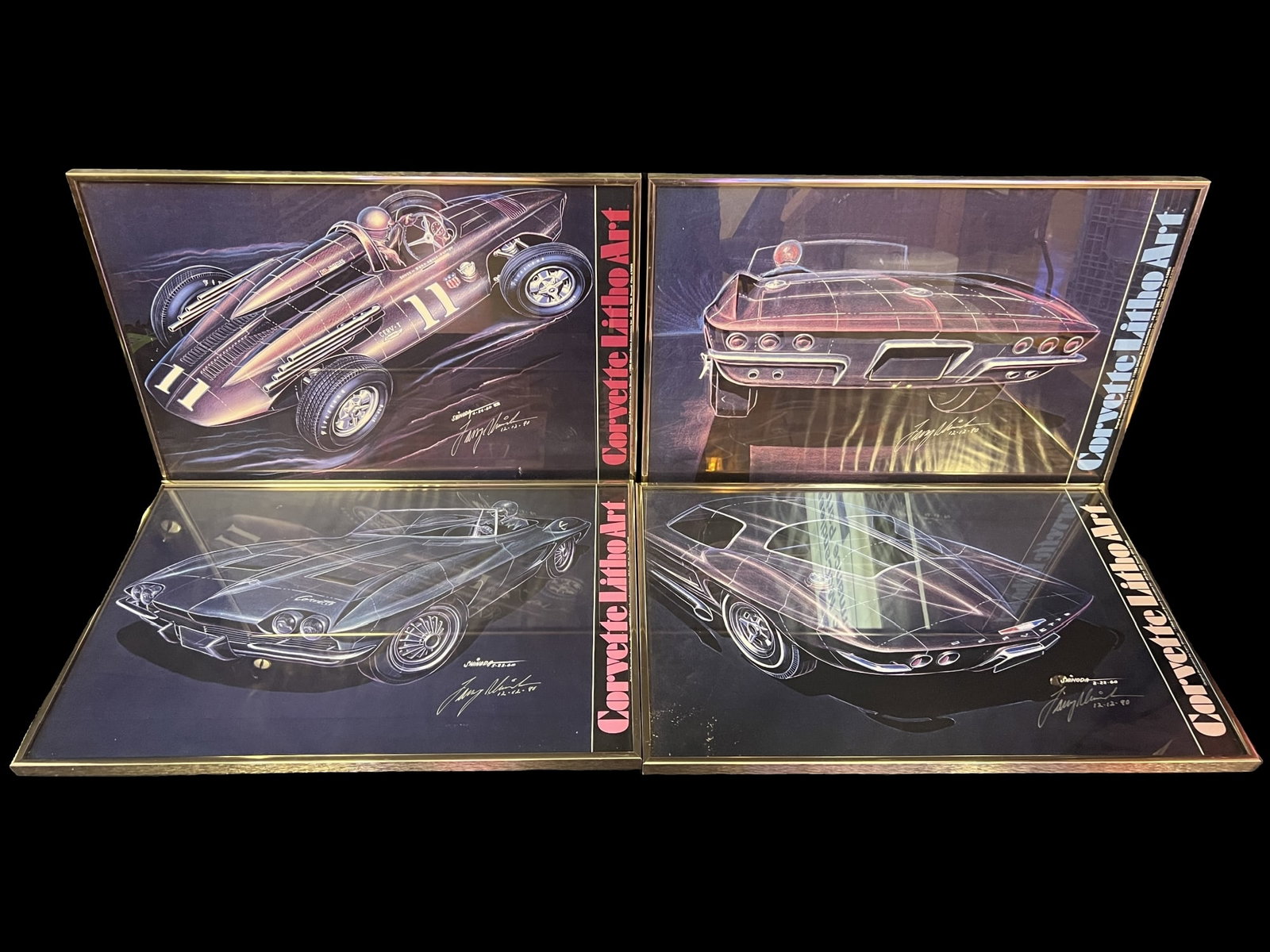 4 Signed Larry Shinoda Corvette Litho Art print sign collection: All 4 Signed by Larry Shinoda 12-12-1990. Framed with light scratching on frames. PLEASE NOTE, THERE IS ONLY ONE WAY TO PAY FOR ONLINE ITEMS IN THIS AUCTION WHICH IS THROUGH LIVE AUCTIONEERS. THIS IS 