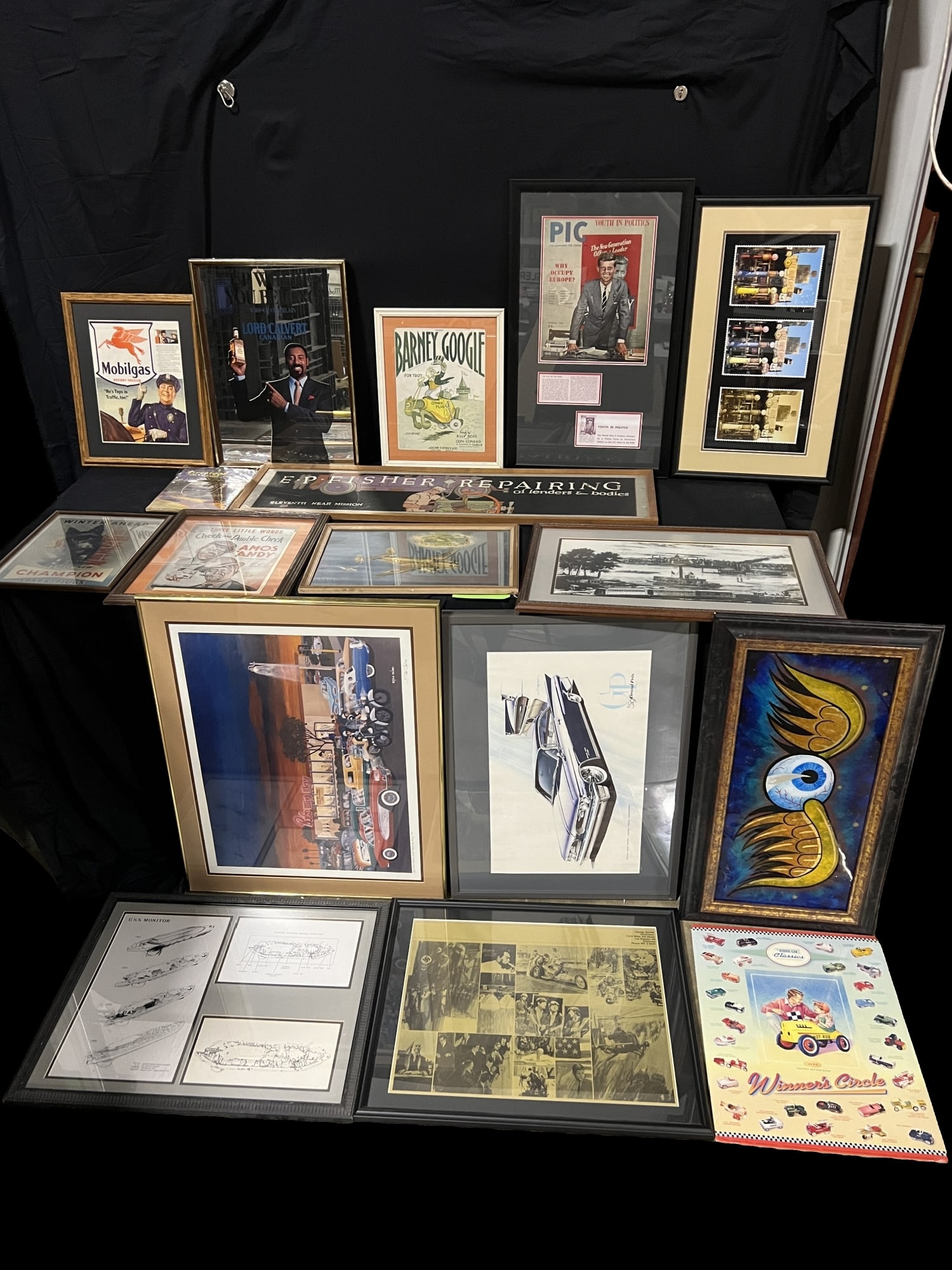 Pop culture framed posters. Champion Mobil Gas Amos Andy USS Monitor Kennedy framed posters (1 of 8)