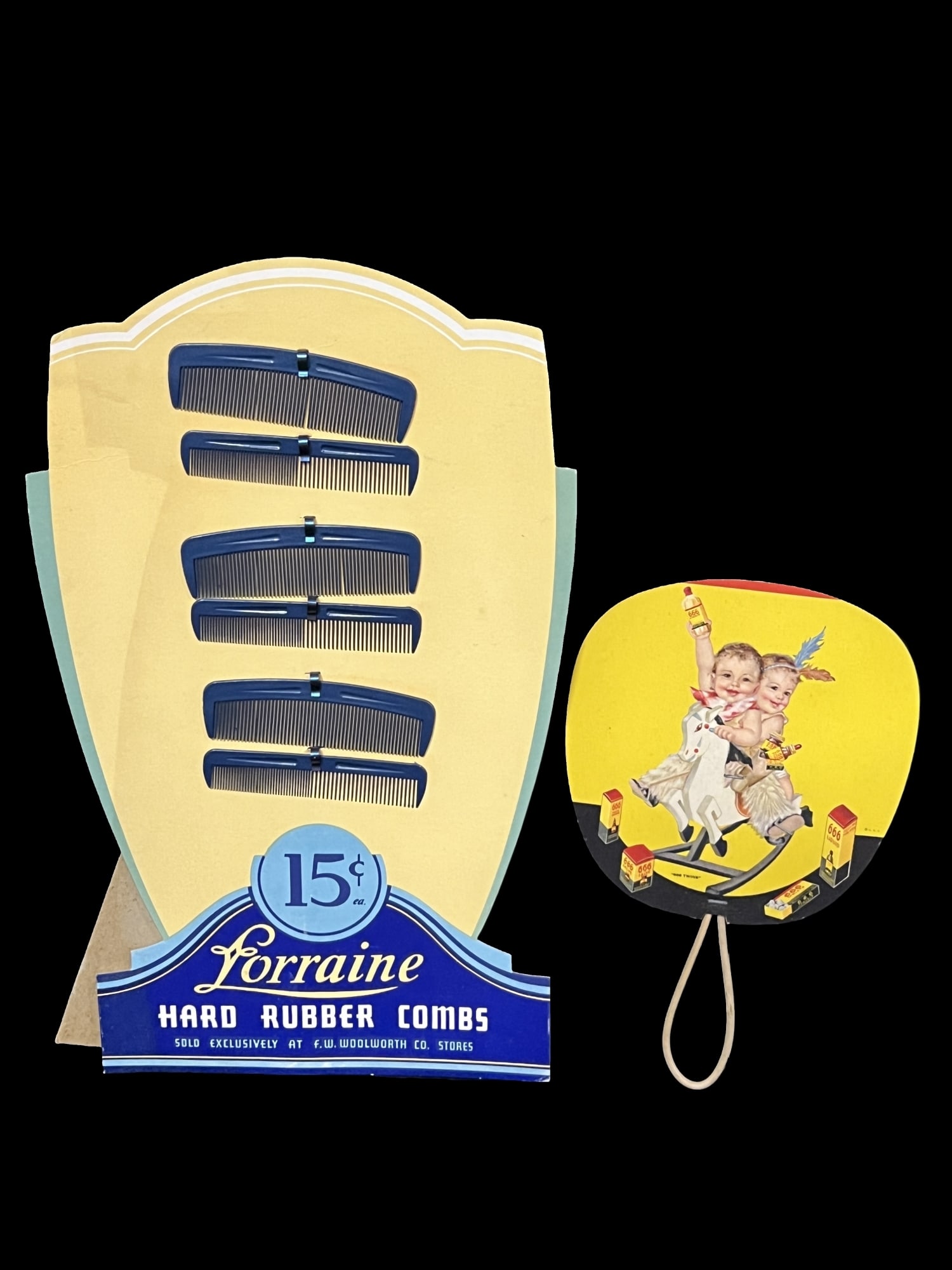 Lorraine hard rubber combs display with 666 salve liquid cardboard fan (1 of 2)