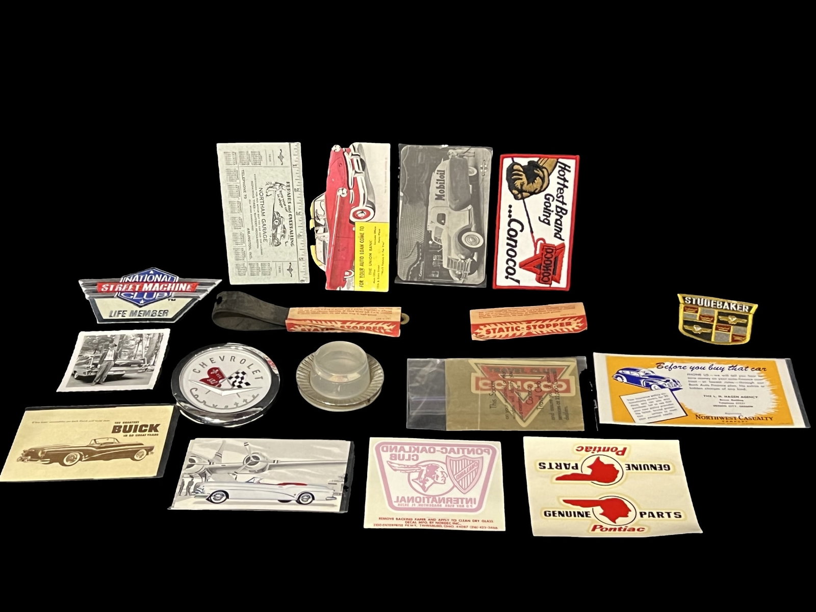 Pontiac Conoco Buick Chevrolet Studebaker Advertising Rubber static stopper straps: Mixed lot of advertising items as well as 2 rubber static stoppers. PLEASE NOTE, THERE IS ONLY ONE WAY TO PAY FOR ONLINE ITEMS IN THIS AUCTION WHICH IS THROUGH LIVE AUCTIONEERS. THIS IS THE MOST SECUR