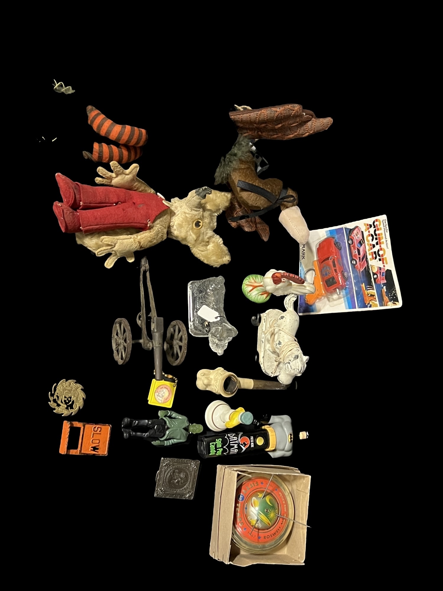 Batman Rooster Frankenstein Apollo tin metal space toy Popeye pipe: Mixed lot of Americana. Batman spin pop, Frankenstein figure, gun-of-a-car toy, cast pull along horse, Popeye pipe, tin metal space toy and other items. PLEASE NOTE, THERE IS ONLY ONE WAY TO PAY FOR O