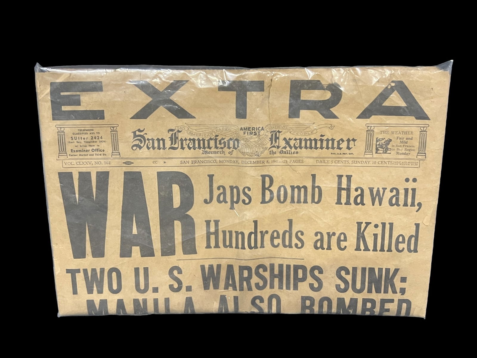 San Francisco Examiner newspaper Pearl Harbor Dec 8 1941 (1 of 1)
