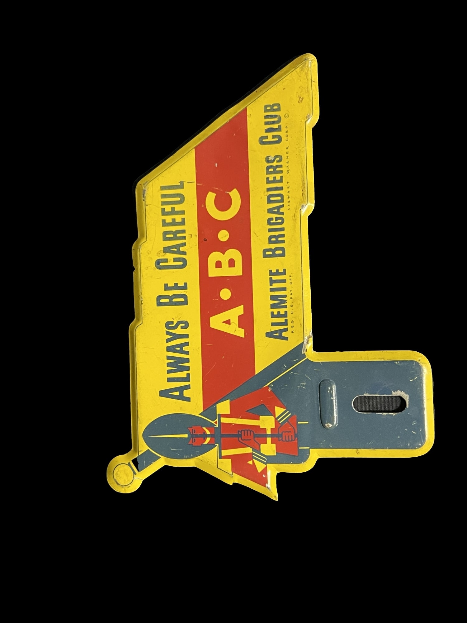 Alemite Brigadiers Club ABC license plate topper: Excellent condition license plate topper, very strong graphics light wear. PLEASE NOTE, THERE IS ONLY ONE WAY TO PAY FOR ONLINE ITEMS IN THIS AUCTION WHICH IS THROUGH LIVE AUCTIONEERS. THIS IS THE MOS