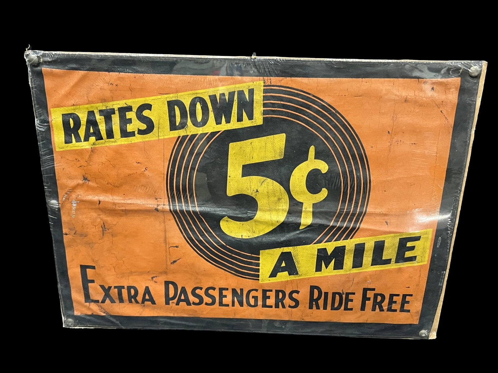 Rates down 5c a mile extra passengers ride free cab banner: Cab banner advertising lower rates,. Has wear throughout and some paint loss throughout. PLEASE NOTE, THERE IS ONLY ONE WAY TO PAY FOR ONLINE ITEMS IN THIS AUCTION WHICH IS THROUGH LIVE AUCTIONEERS. T