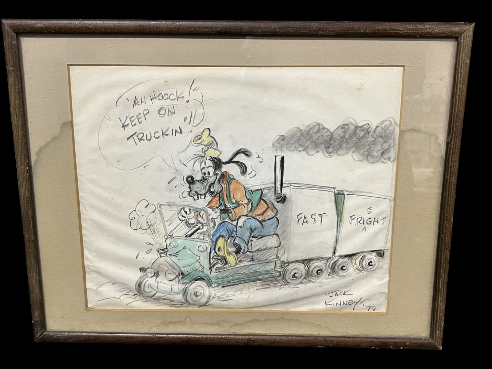 1979 Goofy Jack Kinney truck drawing: Jack Kinney drawing of goofy, 1979. PLEASE NOTE, THERE IS ONLY ONE WAY TO PAY FOR ONLINE ITEMS IN THIS AUCTION WHICH IS THROUGH LIVE AUCTIONEERS. THIS IS THE MOST SECURE METHOD OF PAYMENT. MAKE SURE Y