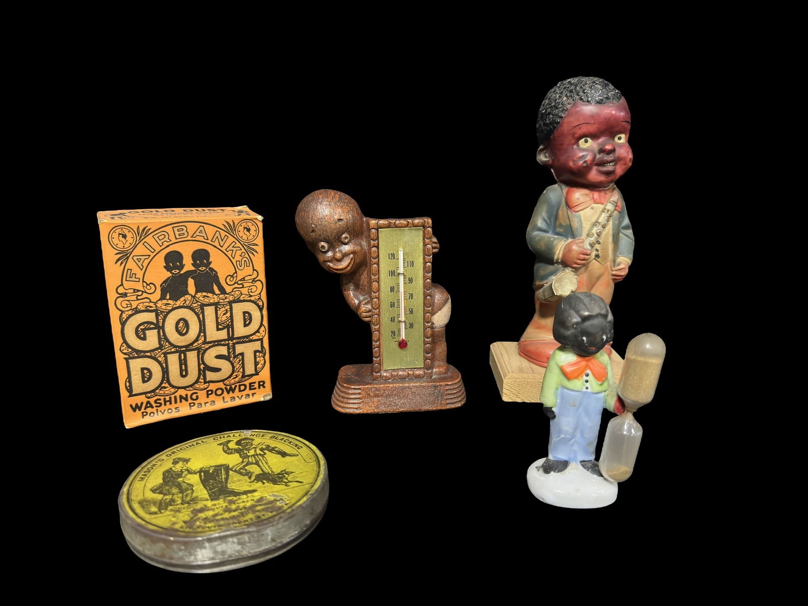 Masons Challenge Blacking 40’s thermometer porcelain sand timer and Saxophone player. Gold Dust (1 of 2)