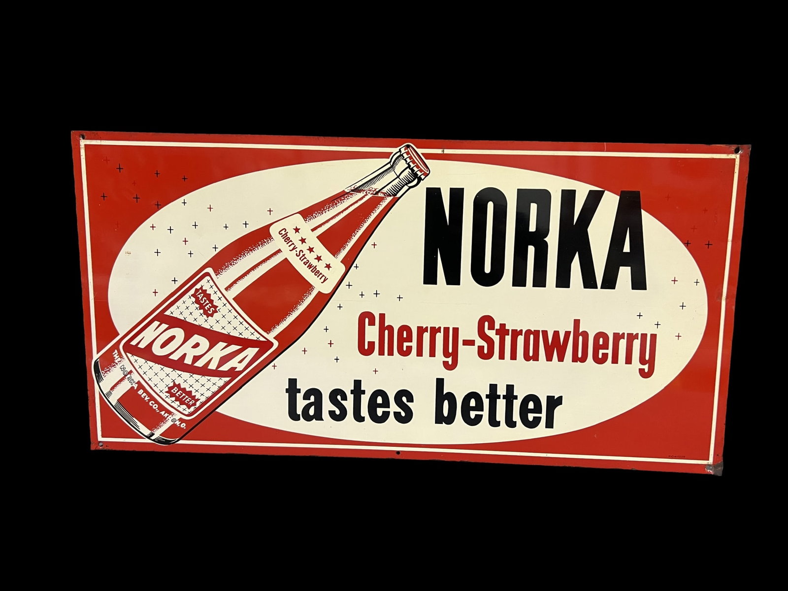 Norka Cheery Strawberry Soda tin metal sign: Very clean Norka soda sign. 24" H x 12" W.