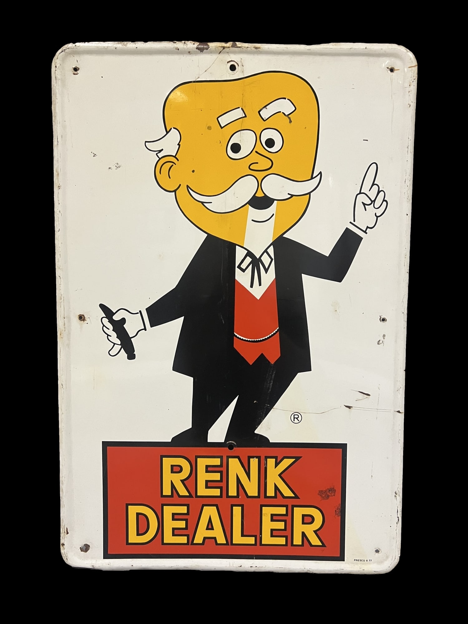 Renk Dealer seed farming tin metal: Country store Reno Dealer sign. 27" H x 18" W.