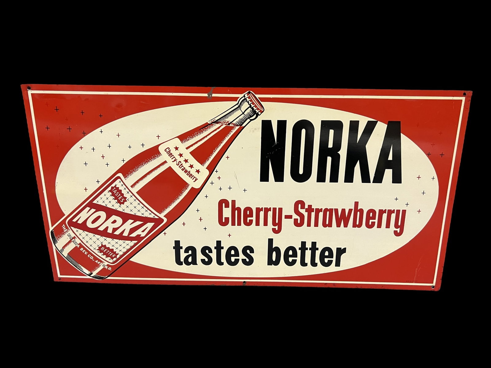 Norka Cheery Strawberry Soda tin metal sign: Pretty clean soda sign. 24" H x 12" W.
