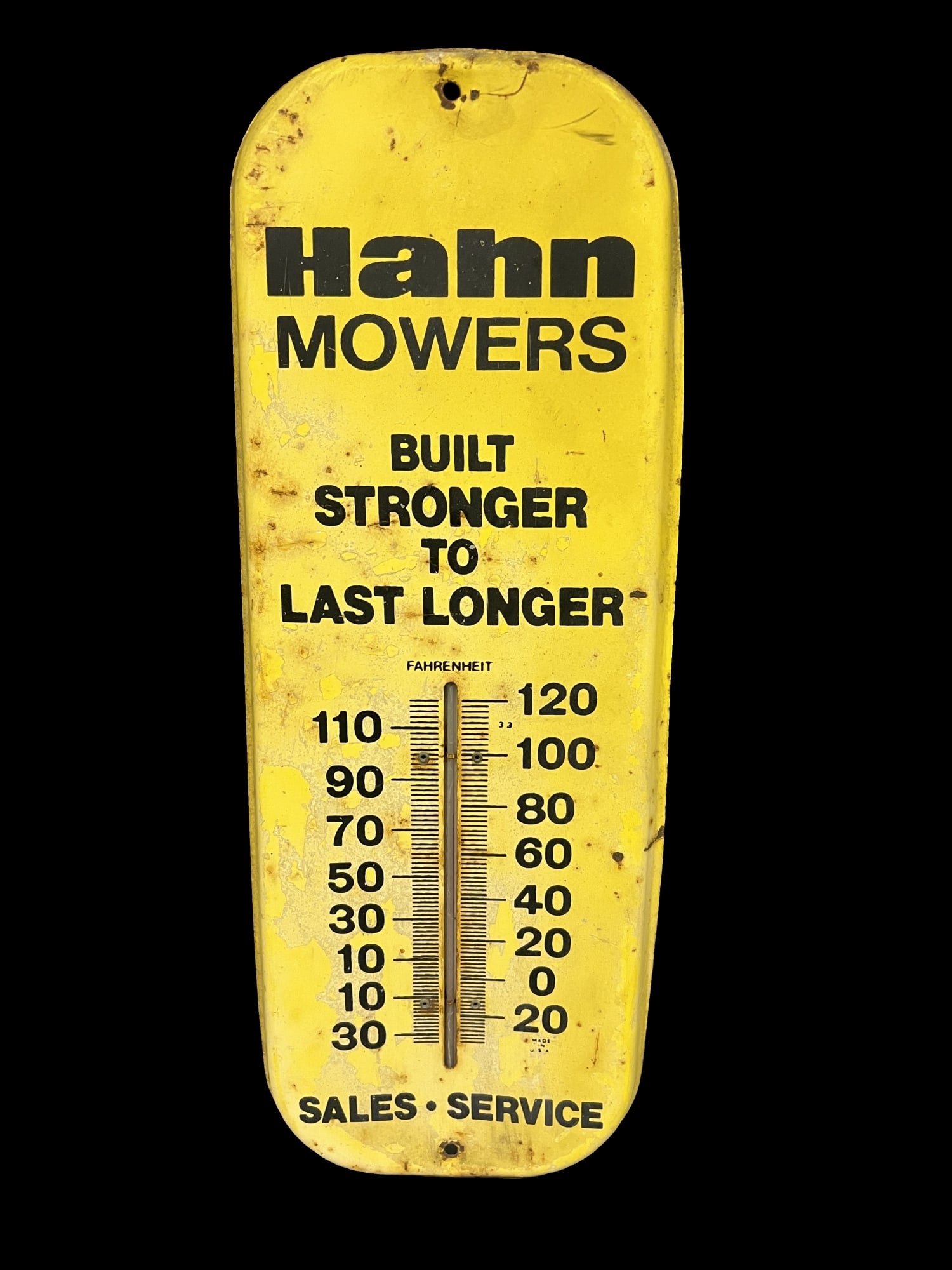 Hahn Mowers sales service tin metal thermometer: Tube works. 6" H x 16" W.